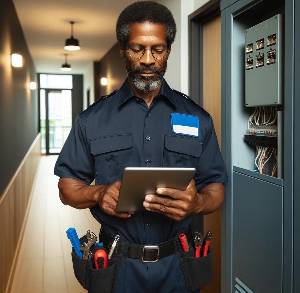 DALL·E 2024-03-25 17.15.35 - A United States property management technician, a middle-aged African American man, wearing a navy blue uniform and holding a digital tablet, is inspe